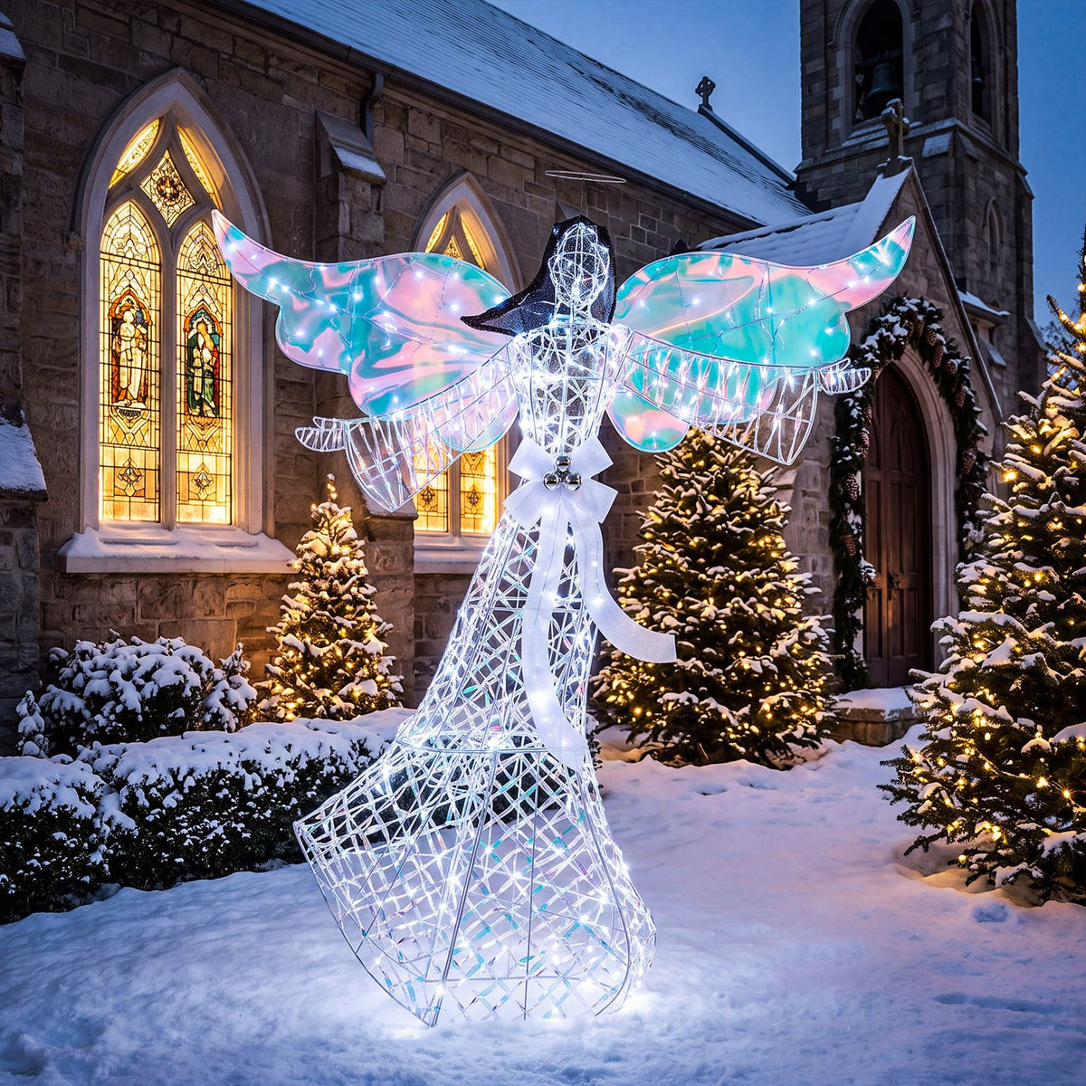 A glowing wireframe angel with iridescent wings stands in snow outside a stone church.