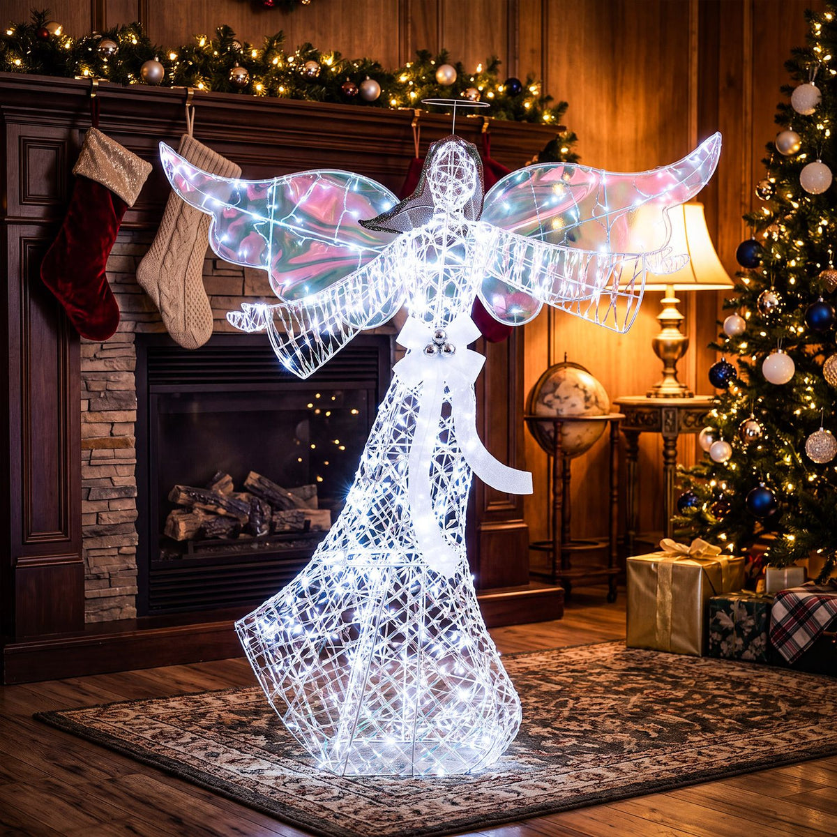 A luminous wireframe angel with shimmering wings stands on a rug beside a decorated fireplace.