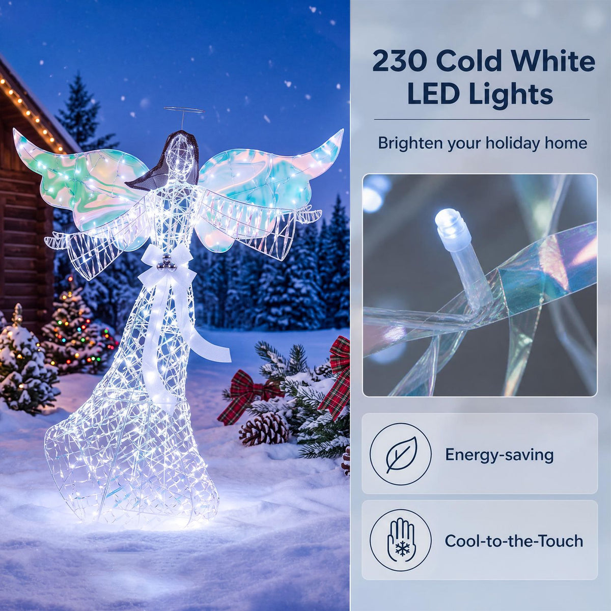 The illuminated angel stands in snow beside a close-up of a white LED on its iridescent wing.