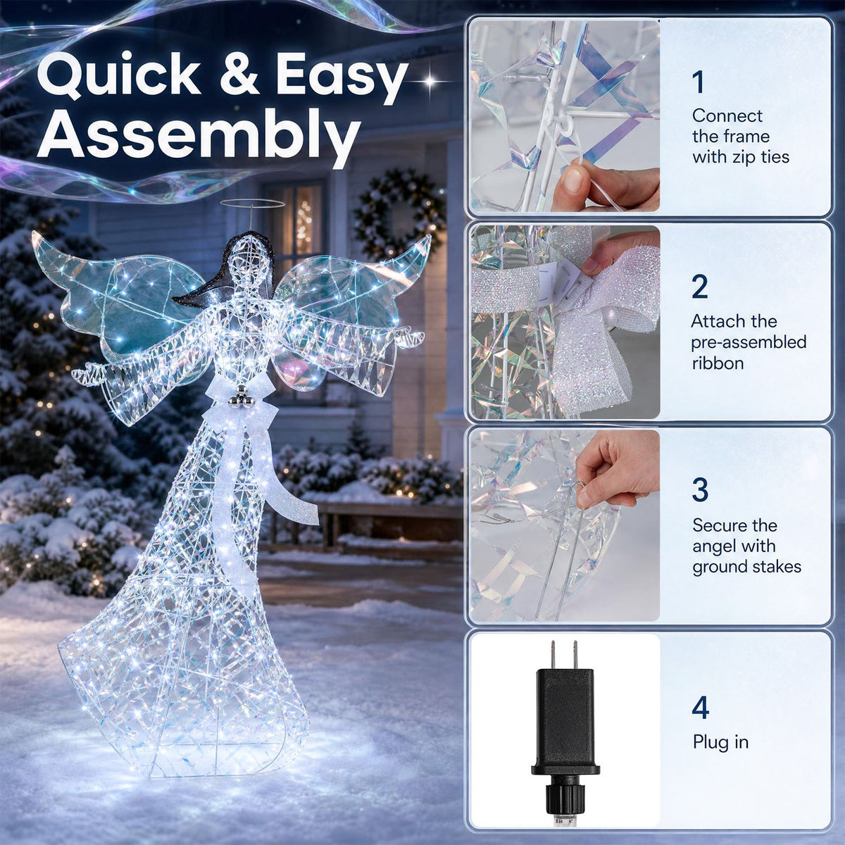 The glowing angel appears beside four illustrated assembly steps and a plug.