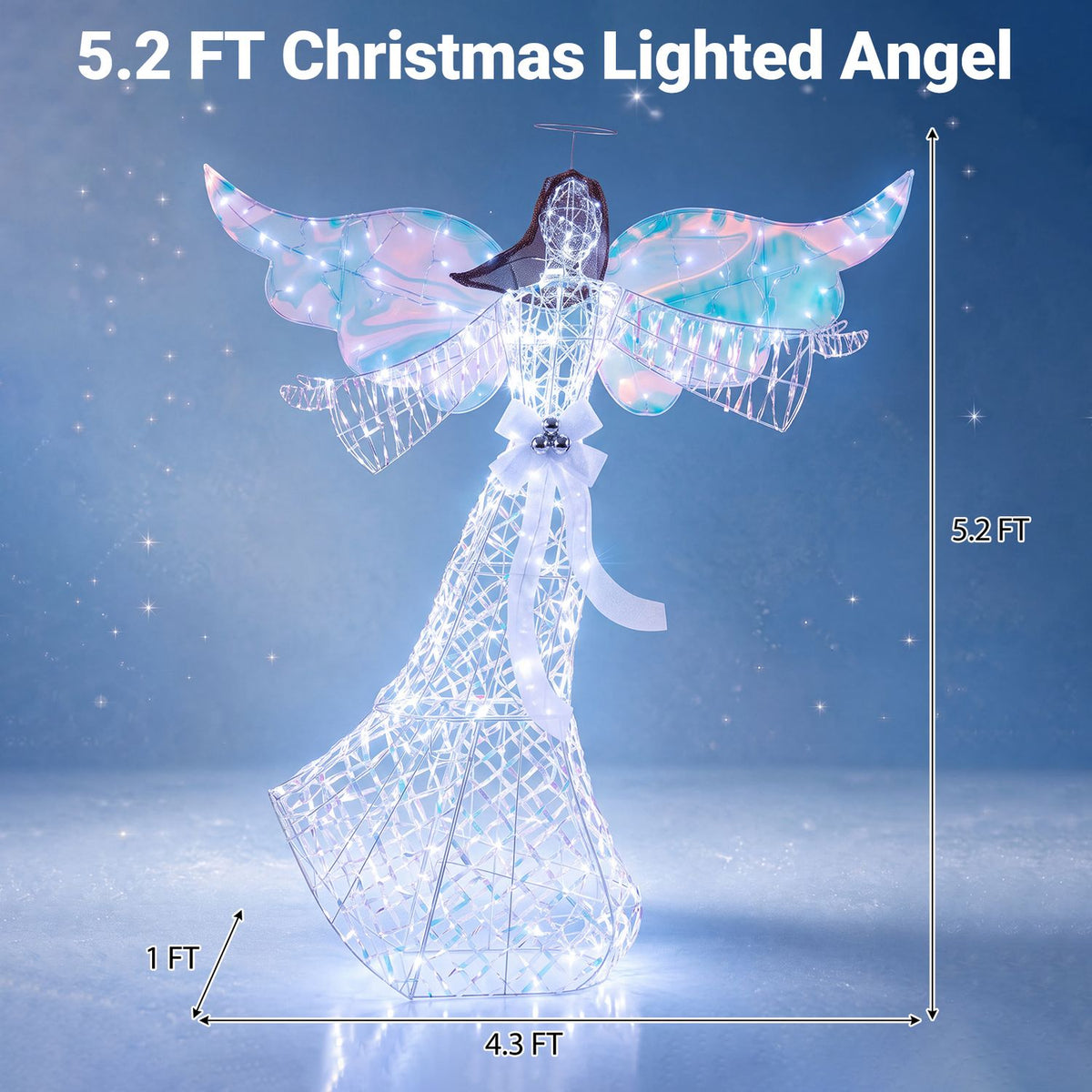 A glowing angel decoration shown against a blue background with measurement arrows around it.