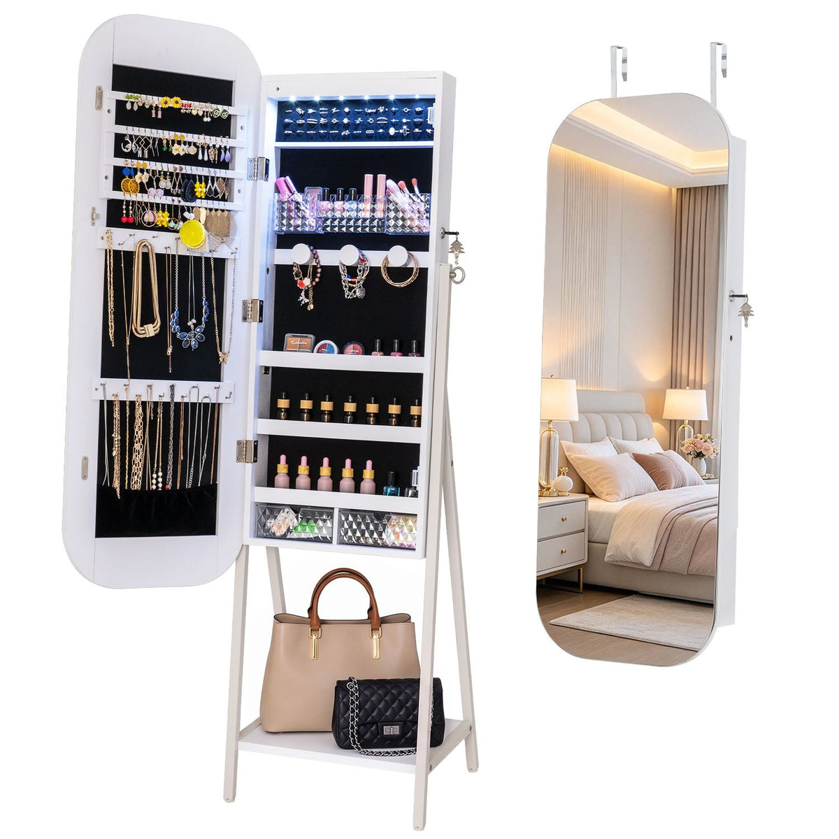 Jewelry Cabinet with Full-Length Mirror Large Storage Capacity, White