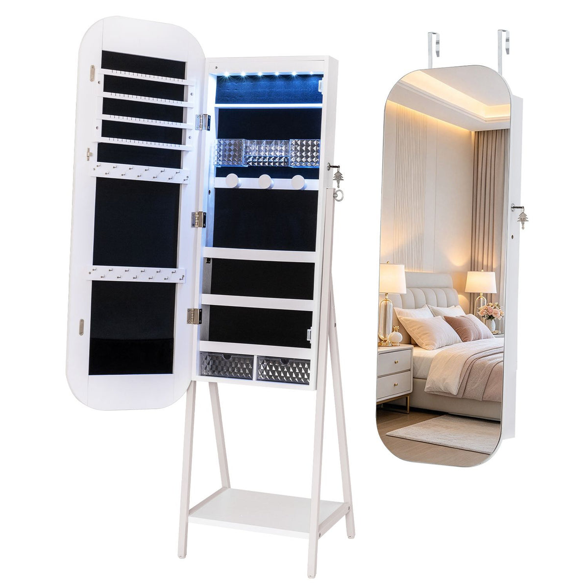 Jewelry Cabinet with Full-Length Mirror Large Storage Capacity, White