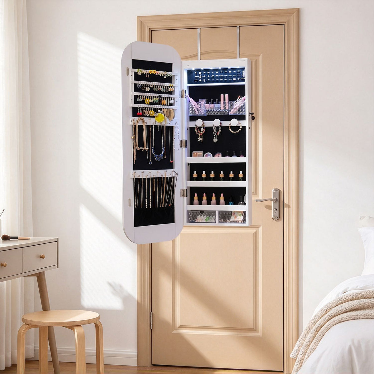 Jewelry Cabinet with Full-Length Mirror Large Storage Capacity, White