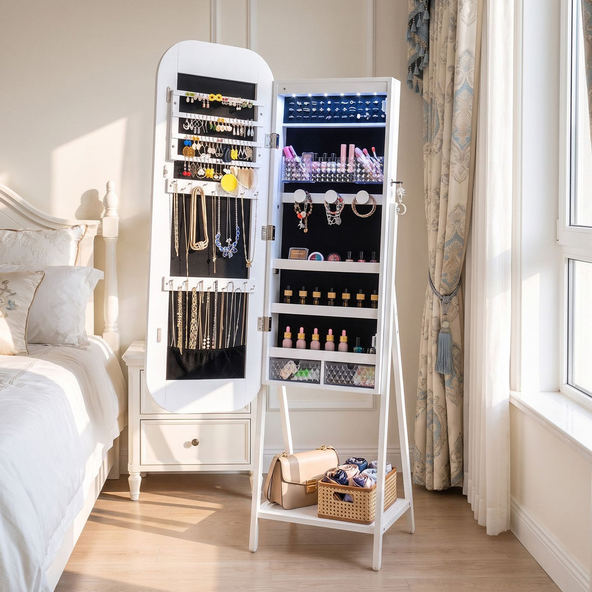Jewelry Cabinet with Full-Length Mirror Large Storage Capacity, White