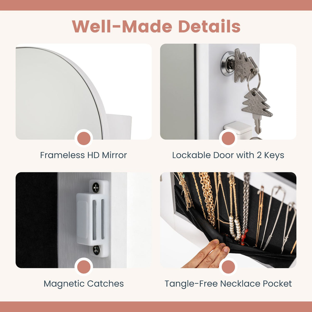 Jewelry Cabinet with Full-Length Mirror Large Storage Capacity, White
