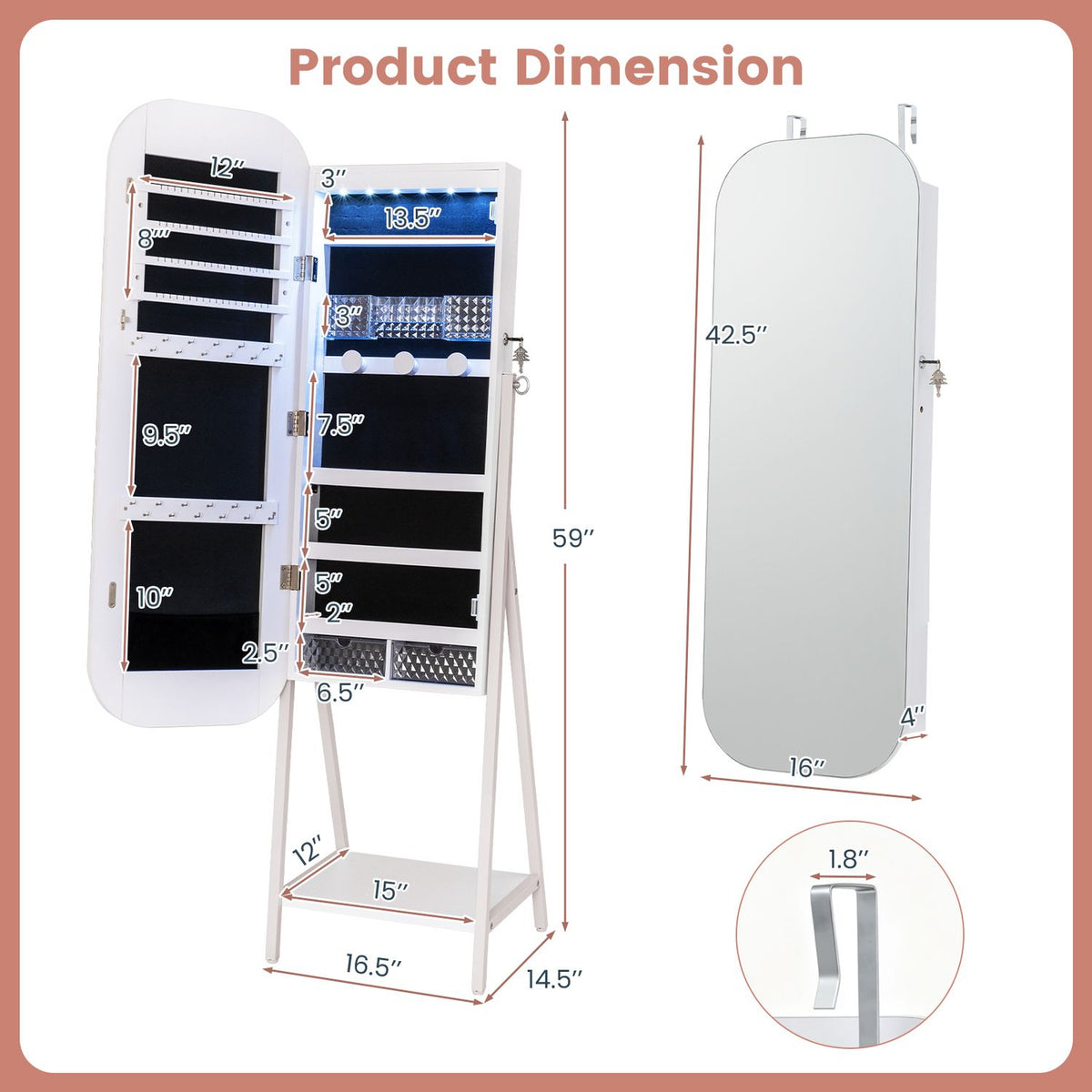 Jewelry Cabinet with Full-Length Mirror Large Storage Capacity, White