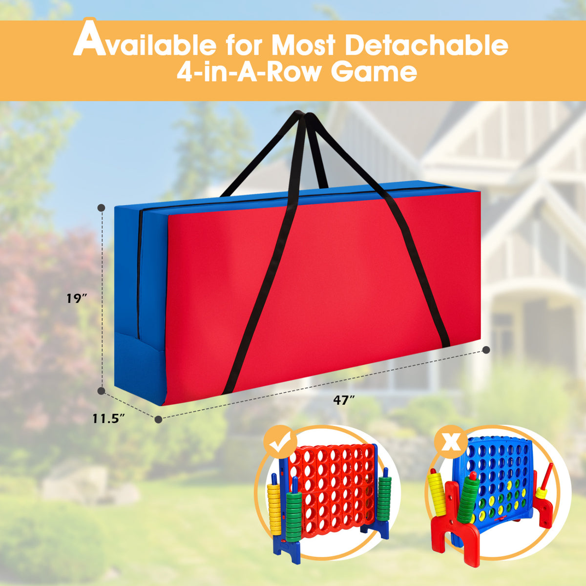 A folded red-and-blue game set secured with black straps against an outdoor background.