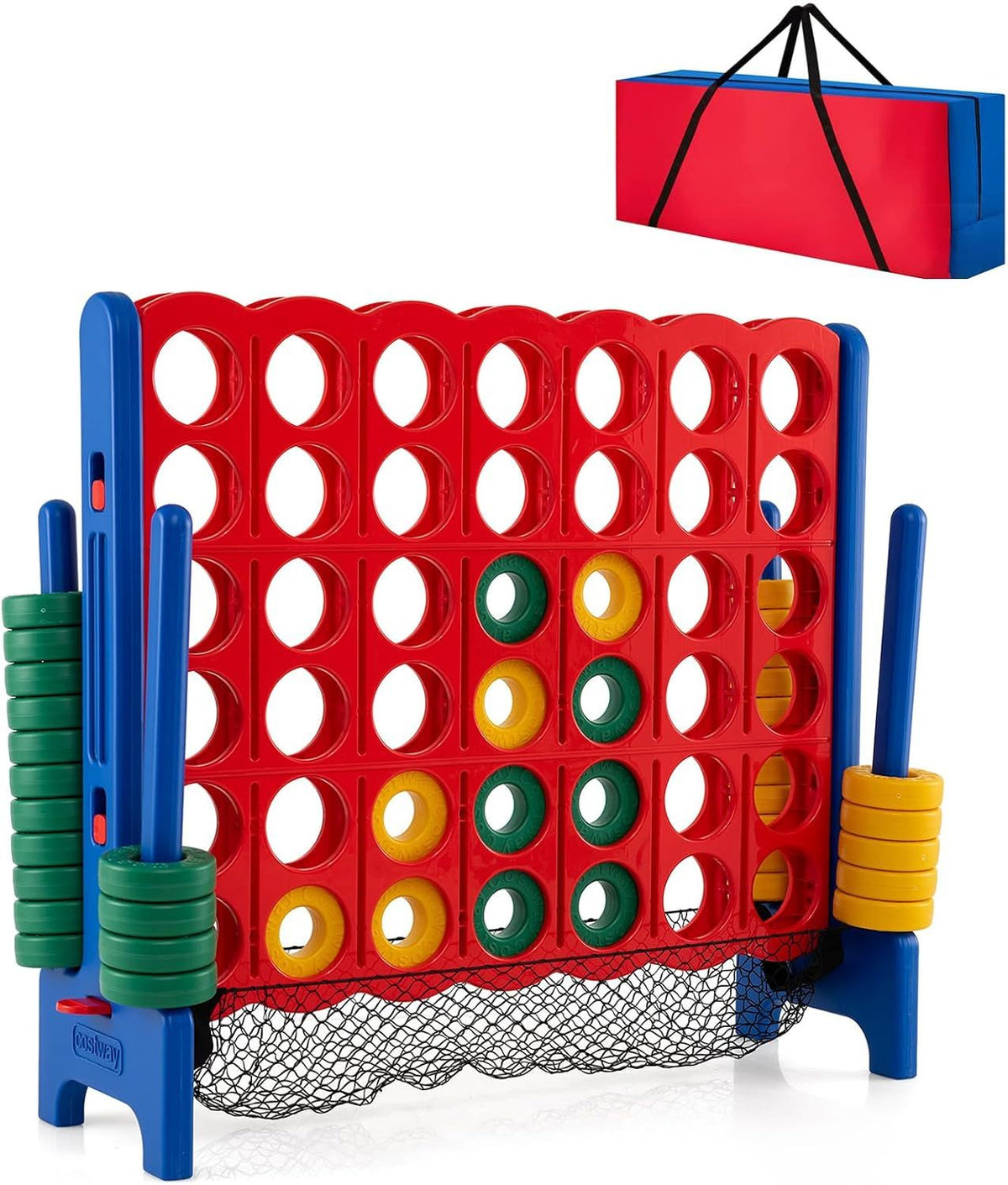 Red-and-blue game board with green and yellow discs, side stacks, a netted base, and a matching carry bag.