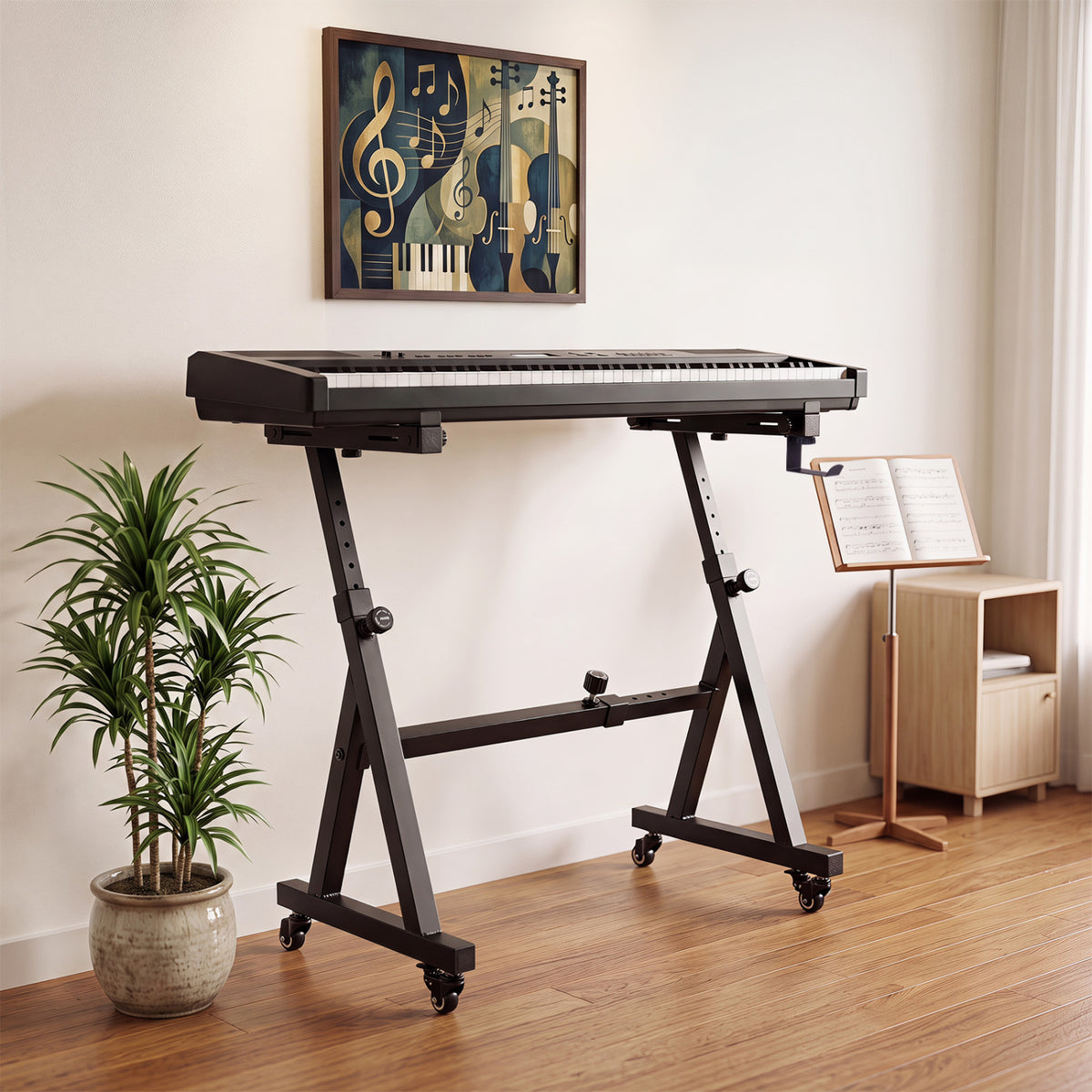 Black adjustable keyboard stand on casters supporting an electronic keyboard in a bright room.