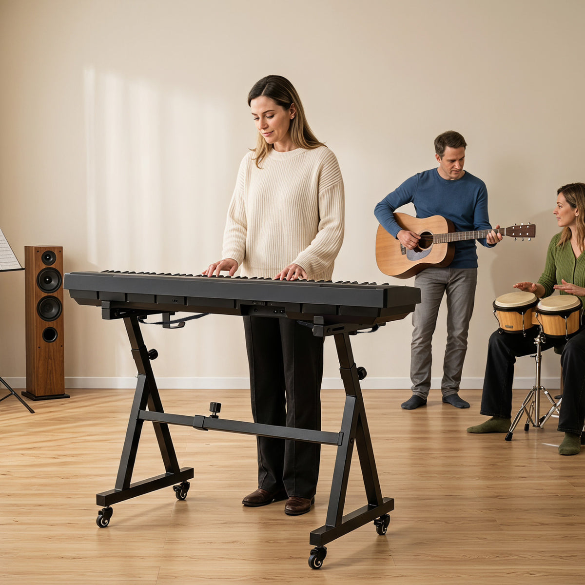 A woman plays a keyboard on the black wheeled stand as two musicians play behind her.