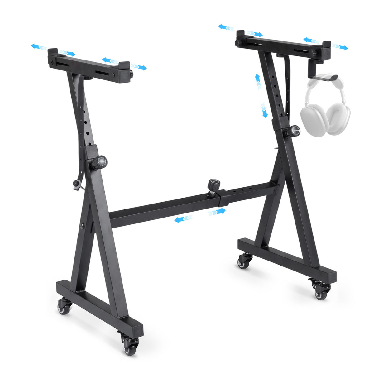 Black keyboard stand with blue arrows indicating adjustment directions and headphones hanging from the side.