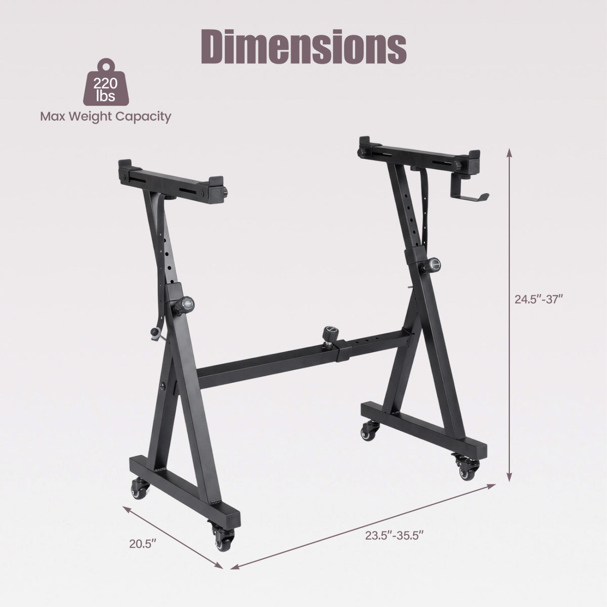 Black wheeled keyboard stand shown from an angled view with measurement arrows around the frame.