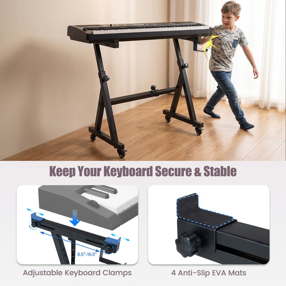A child stands beside a keyboard on a black wheeled stand, with close-ups of the clamps and padded contact points below.
