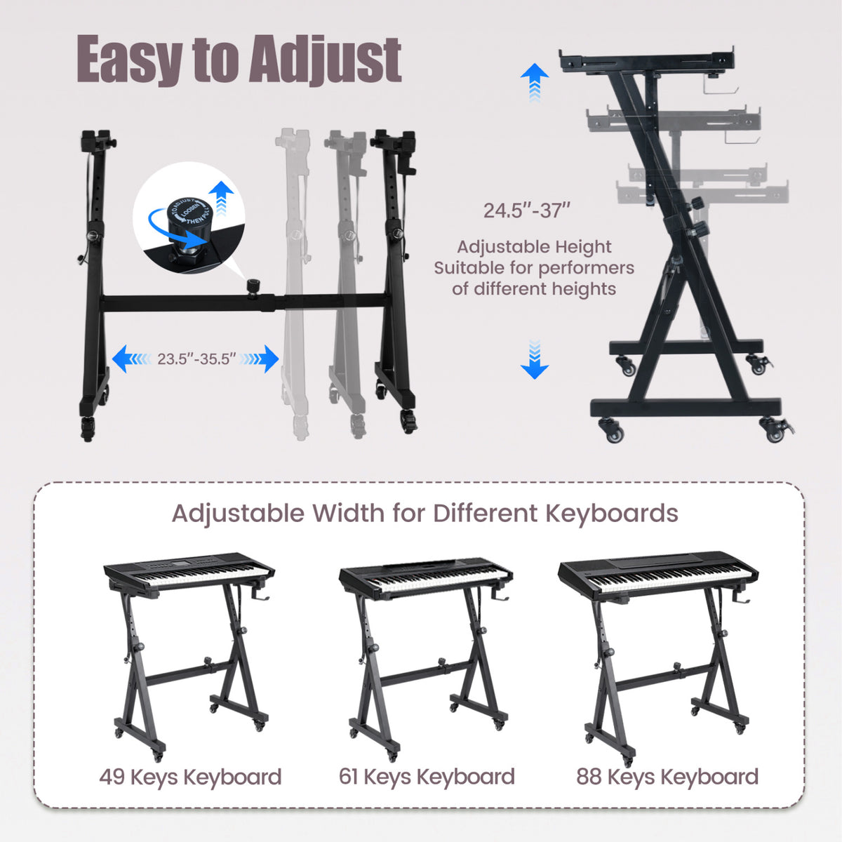 Black keyboard stand shown in adjustable positions, with several keyboards pictured on the stand along the bottom.
