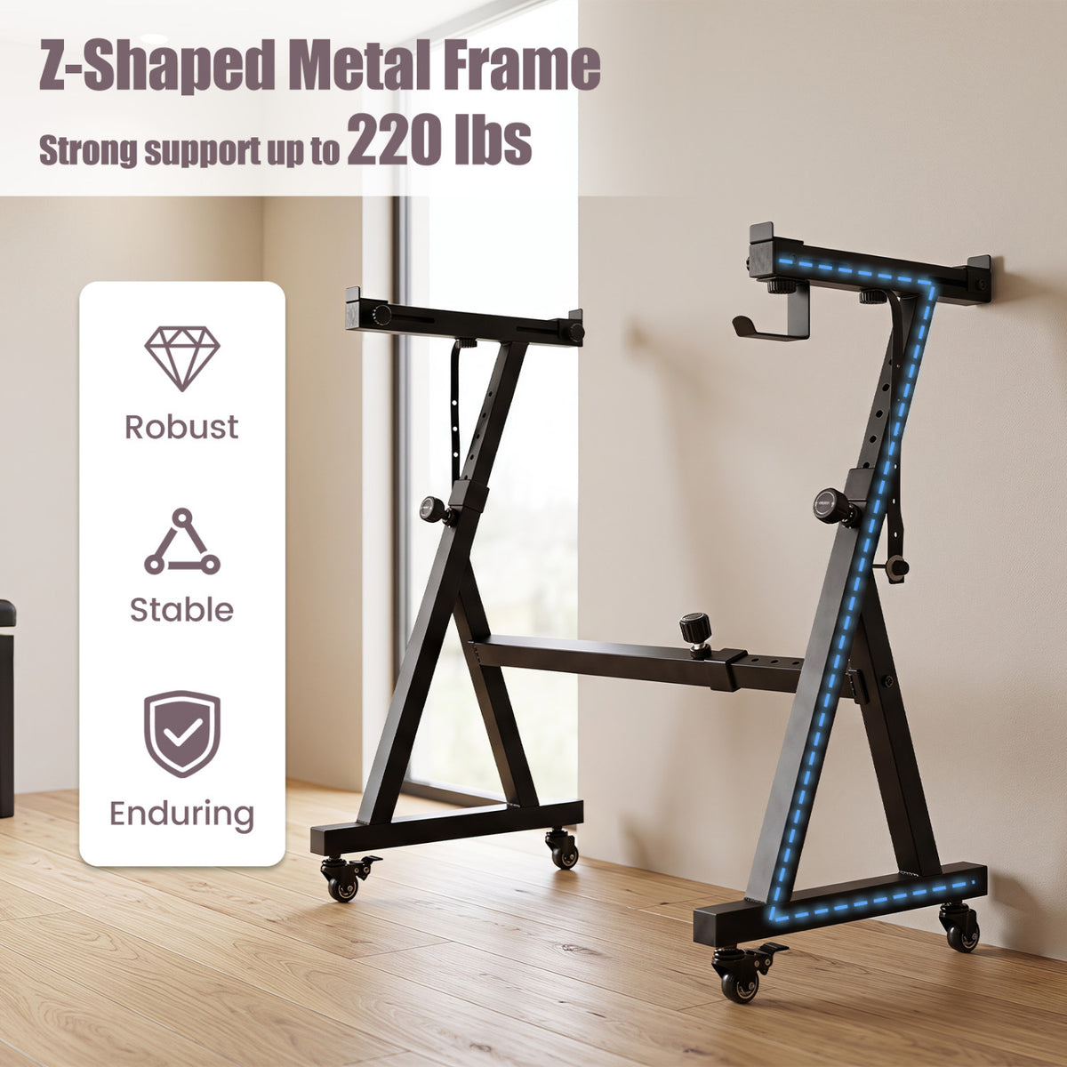 Two black Z-shaped keyboard stands on wheels are displayed in a bright room, with blue accents highlighting one frame.