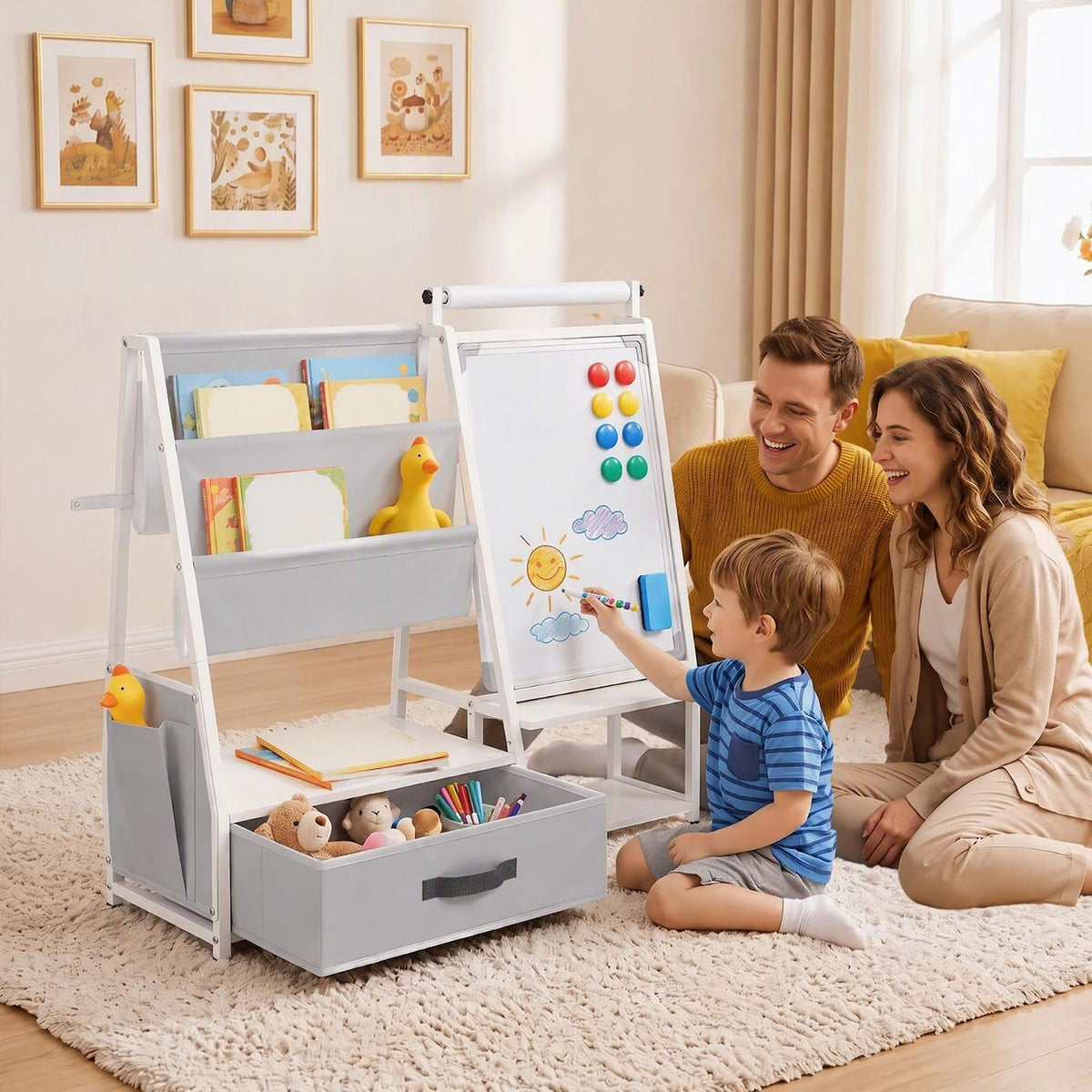 Gray kids’ bookshelf easel with toys and books, as a child draws while two adults watch.