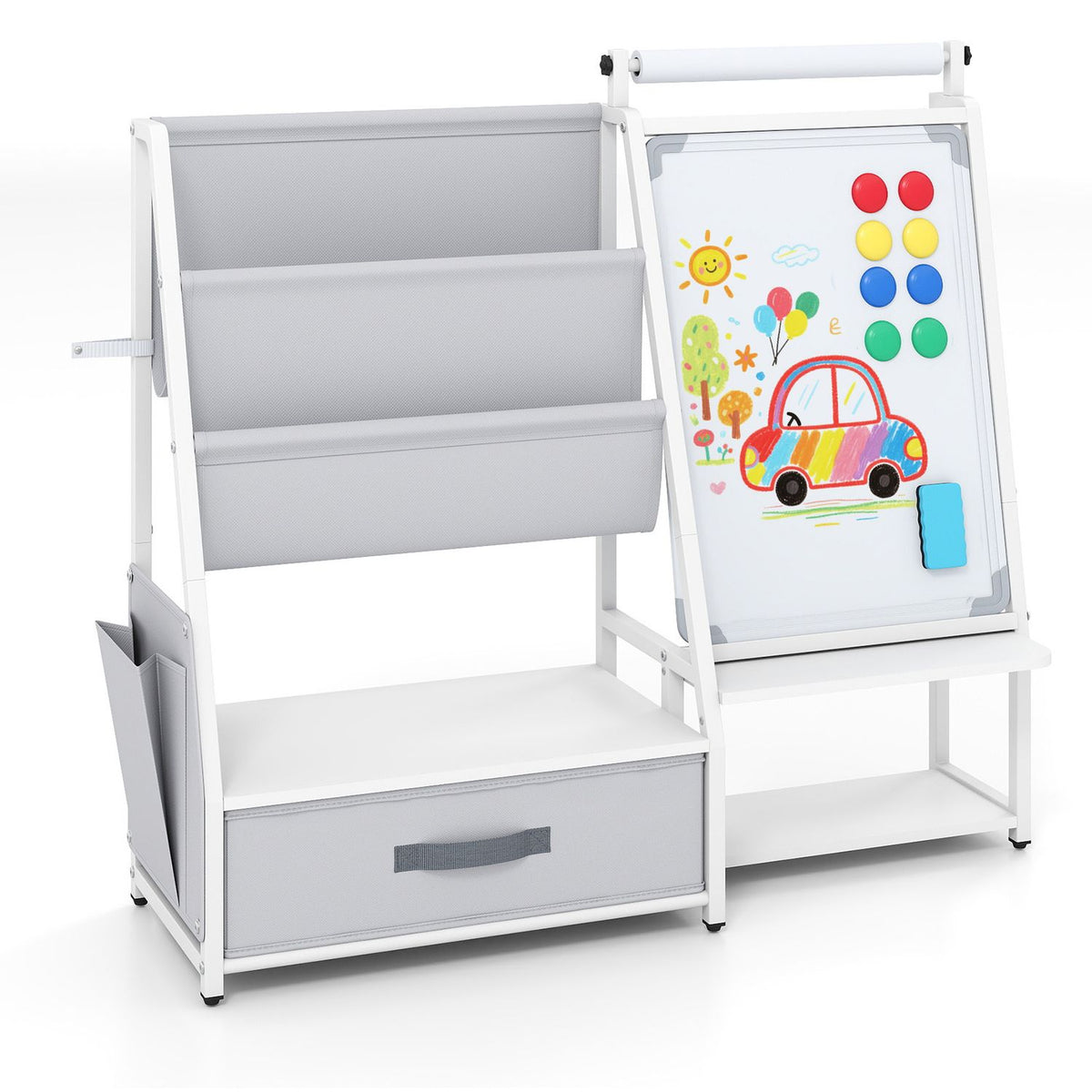A gray fabric book organizer and open storage drawer sit beside a magnetic board with colorful drawings.