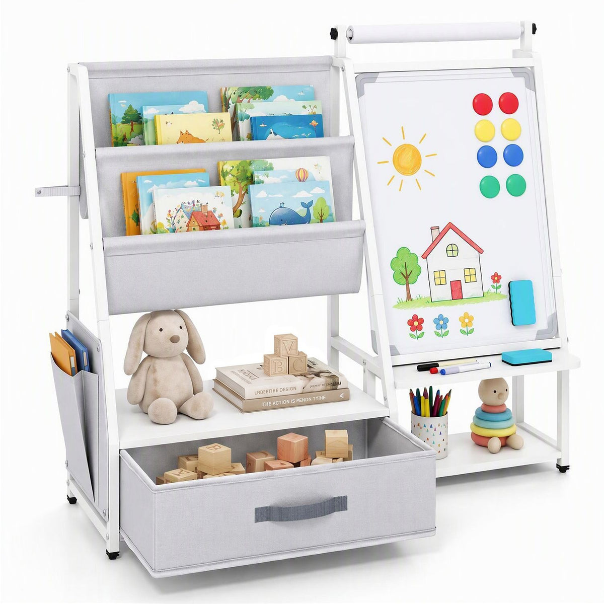 The organizer is filled with books and toys, with blocks in the drawer and a house drawing on the board.