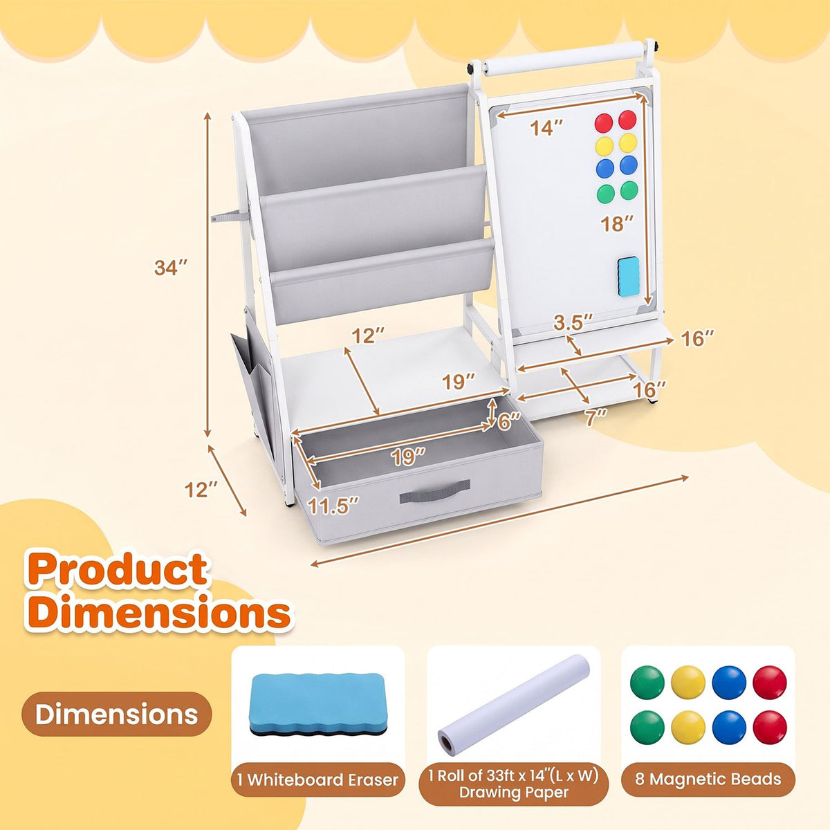 Gray bookshelf organizer and easel shown with measurement arrows, an eraser, paper roll, and colorful magnets.