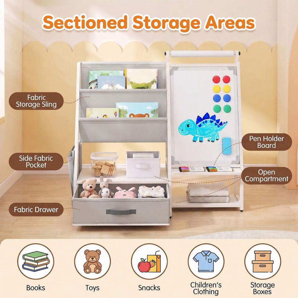 Gray fabric bookshelf and easel display books, toys, storage bins, and colorful magnets in a child's room.
