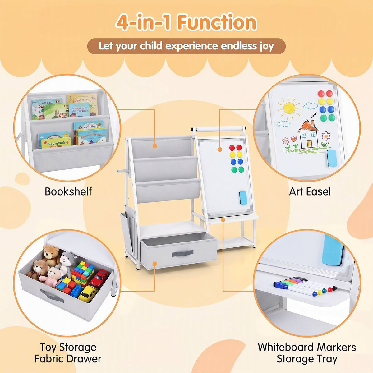 Bookshelf organizer and easel shown with close-ups of book storage, a toy drawer, a drawn-on board, and marker tray.