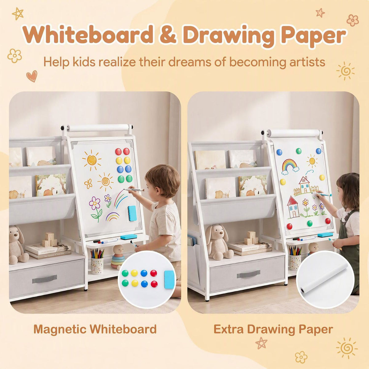 A child draws on the easel's magnetic board beside the bookshelf; a second view shows paper mounted on the easel.