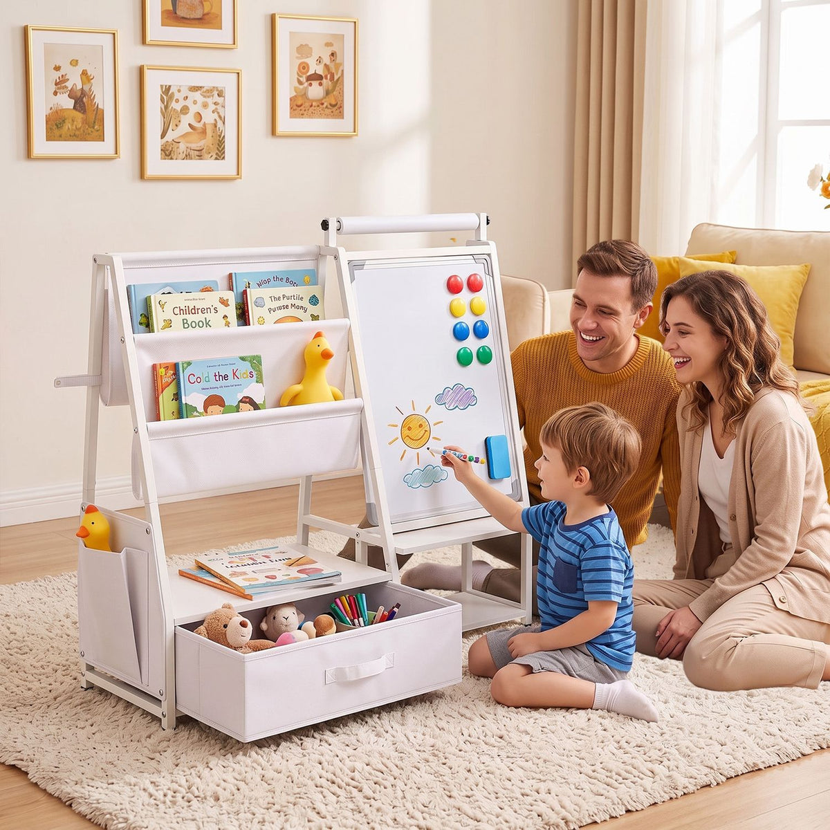 A child draws on the whiteboard beside a bookshelf easel while two adults watch.