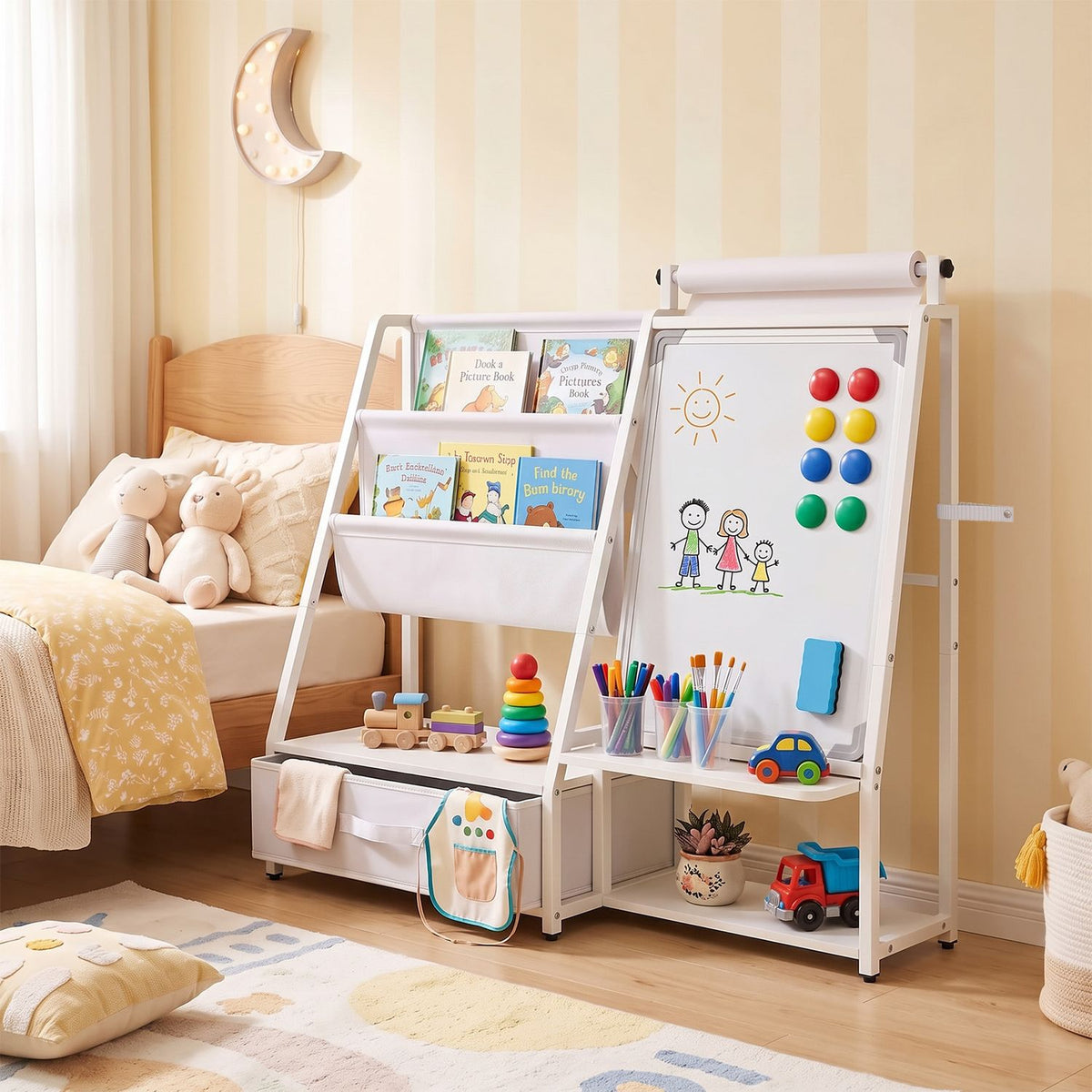 A bookshelf easel with books, toys, and a whiteboard stands in a child's bedroom.