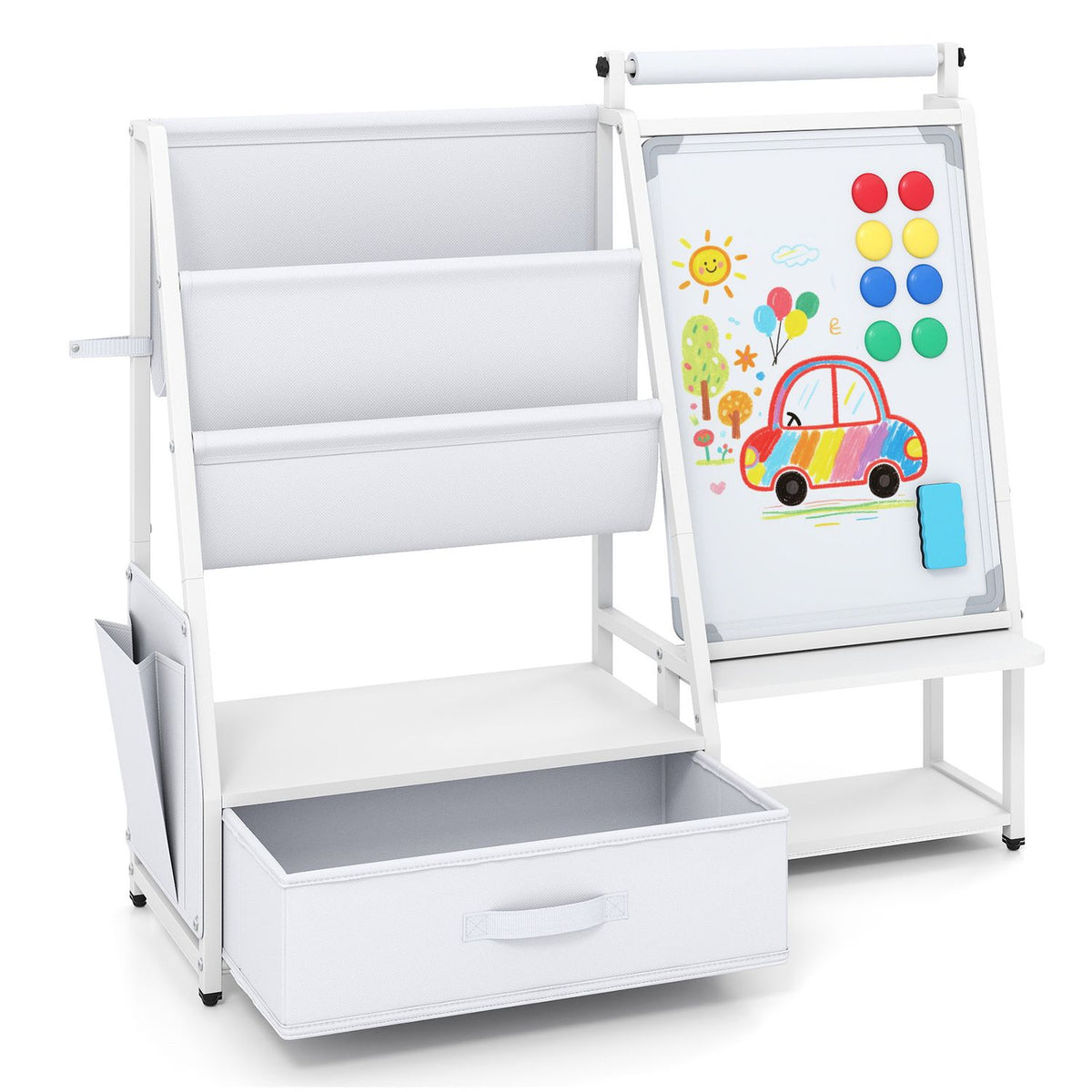 White bookshelf easel with an open storage drawer and a whiteboard decorated with colorful drawings.