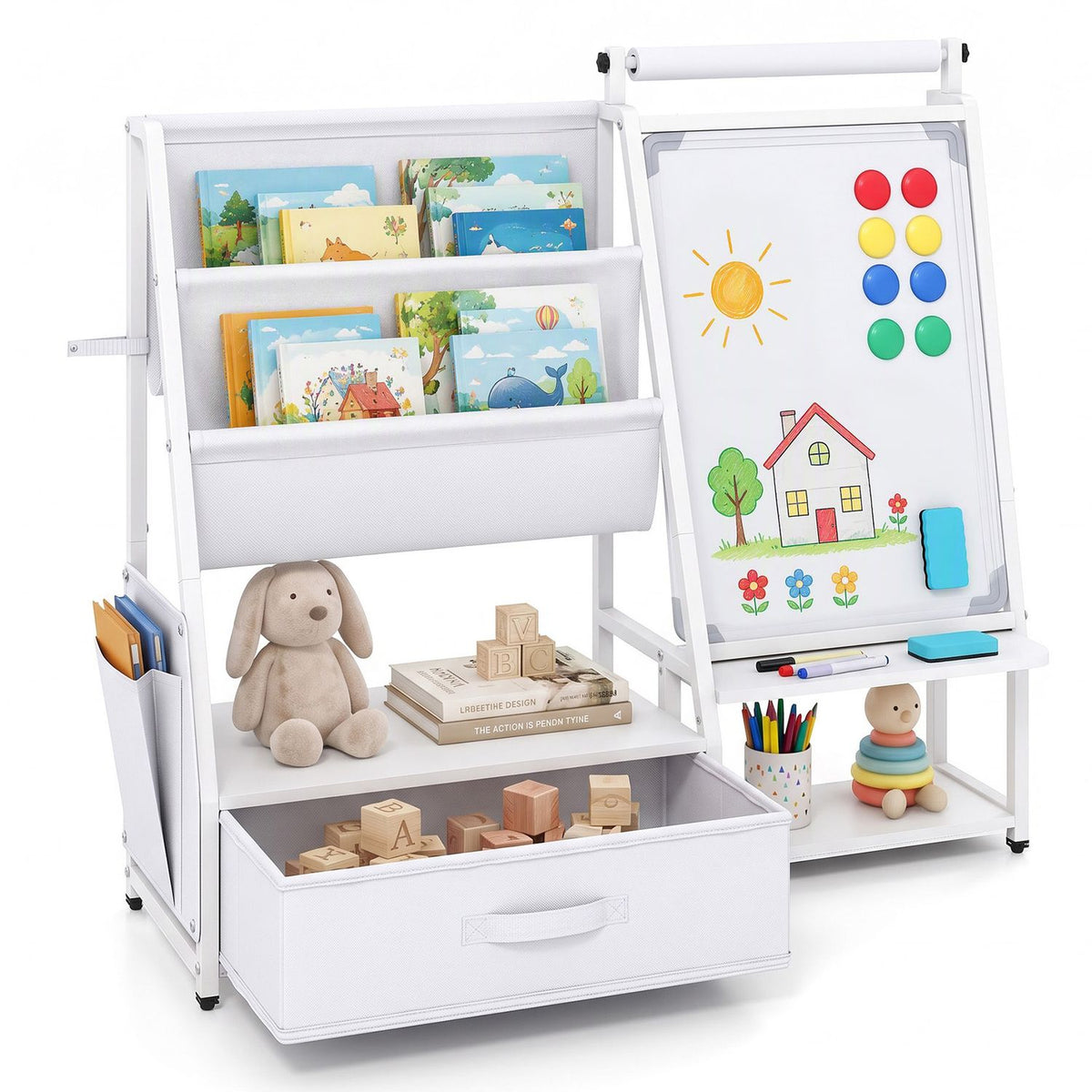 The easel holds books, toys, and art supplies beside a whiteboard covered in colorful drawings.