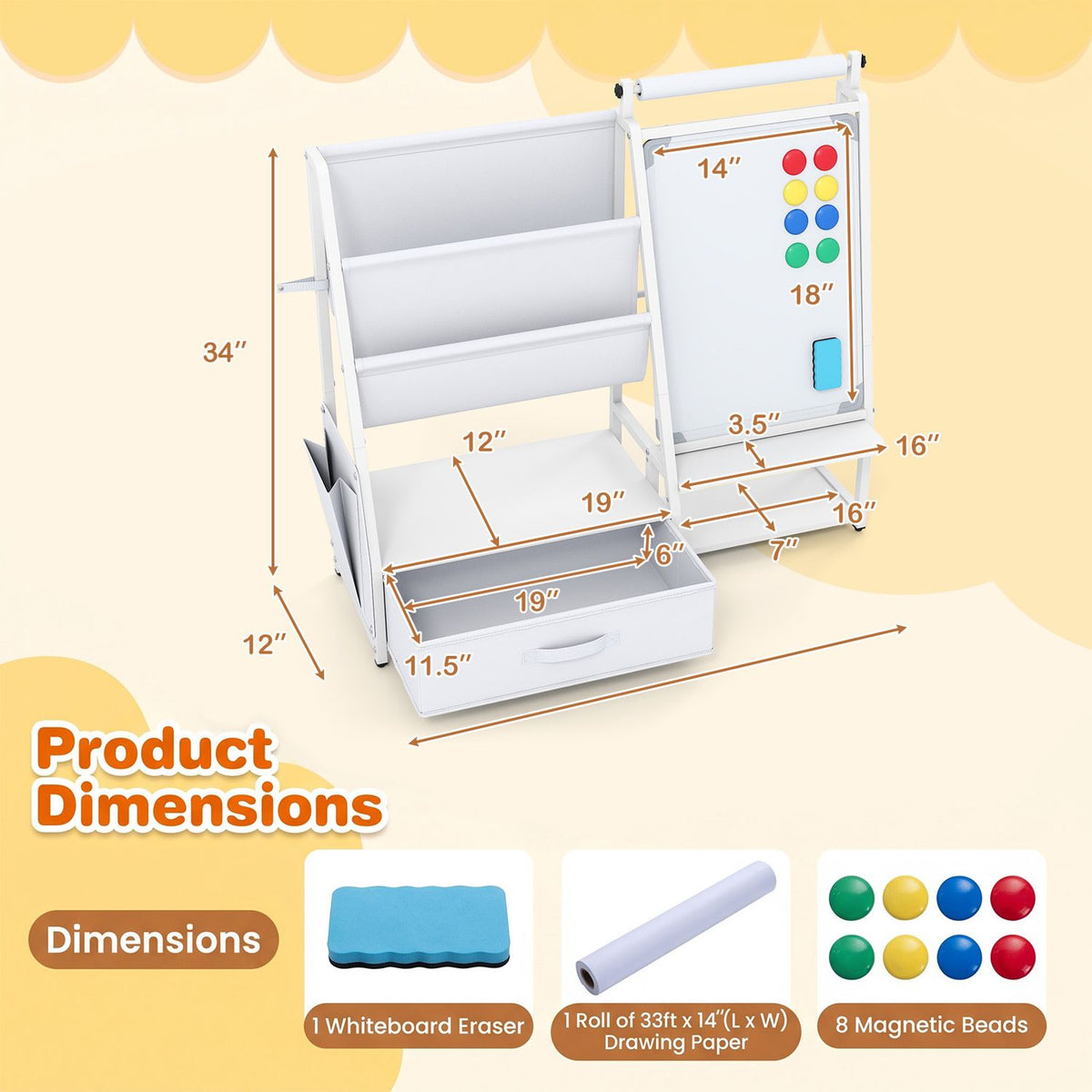 White children’s bookshelf and easel with a fabric drawer, shown with dimension arrows and accessory thumbnails.