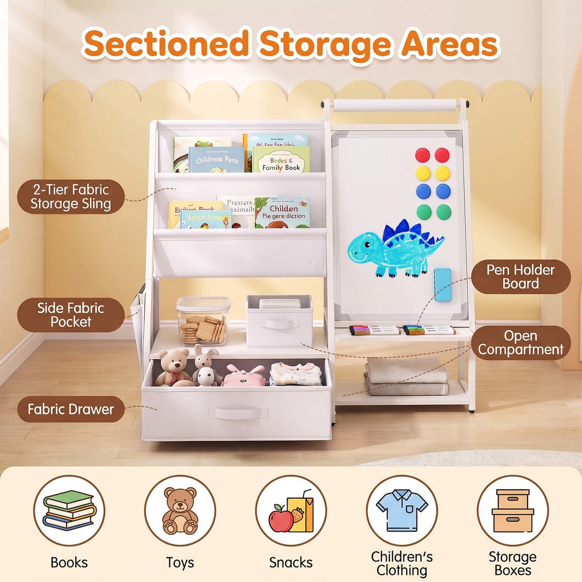 White bookshelf and magnetic board stand with fabric storage, books, toys, and colorful magnetic pieces in a staged room.
