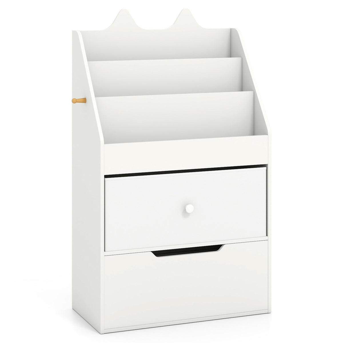 White children's organizer with tiered book slots, a front drawer, and a lower storage compartment.