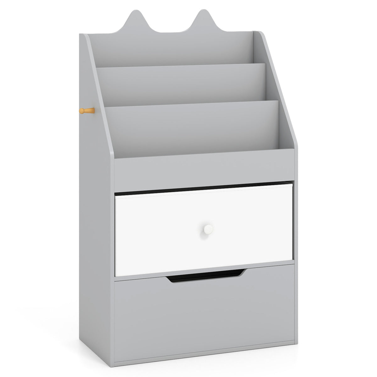 Gray children's organizer with three front-facing book slots, a white drawer, and a lower storage compartment.