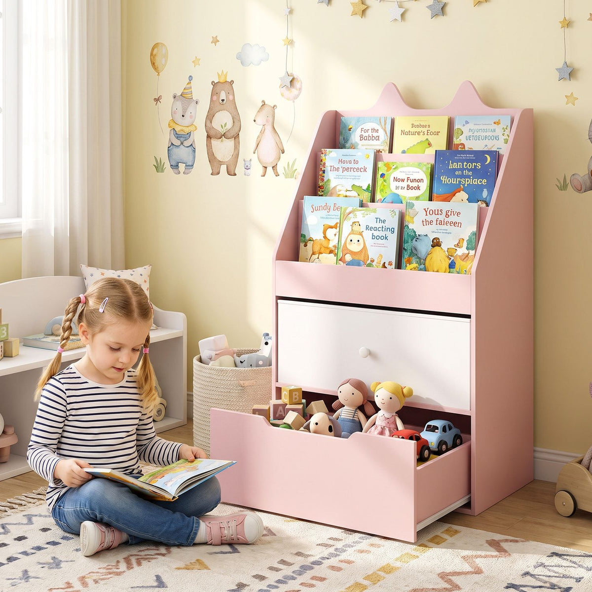 A child reads beside a pink organizer filled with books, with toys visible in its open lower compartment.