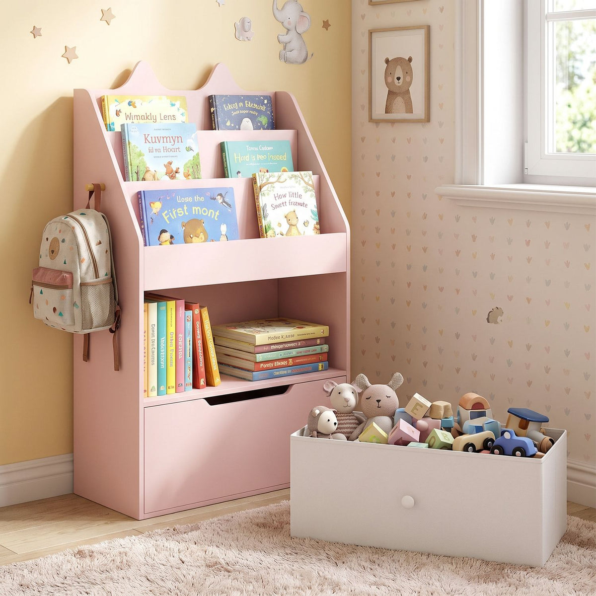 Pink children's bookshelf with books in its tiered slots and a separate open toy bin in front.