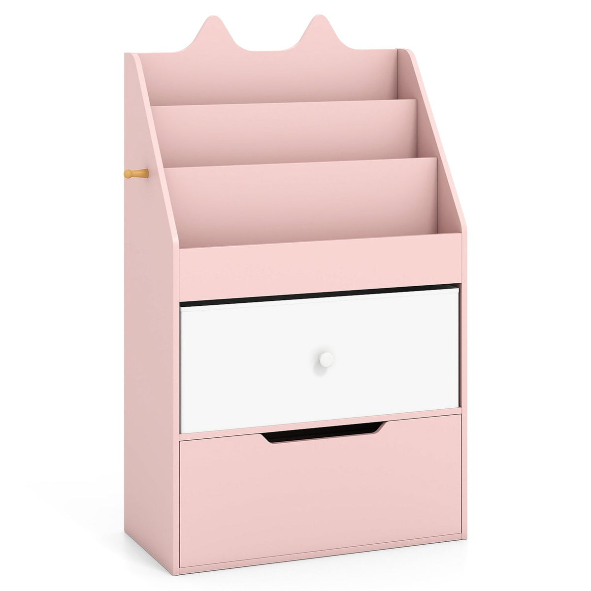 Pink children's bookshelf organizer with tiered book slots, a white drawer, a lower bin, and a side hook.