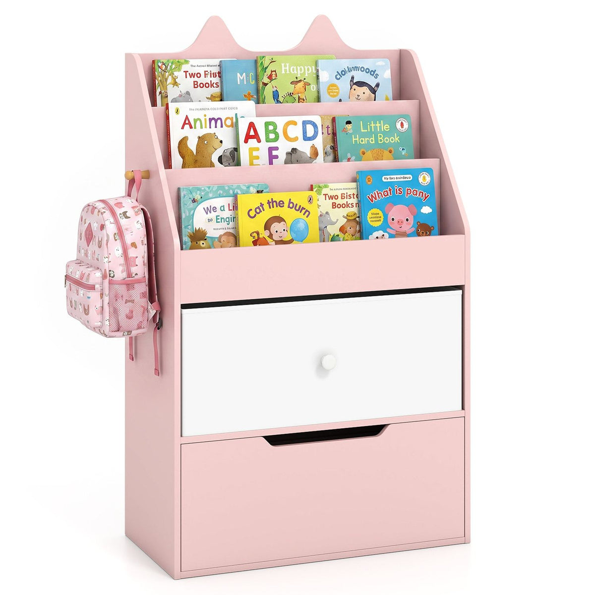Pink organizer filled with children's books, with a patterned backpack hanging from its side hook.