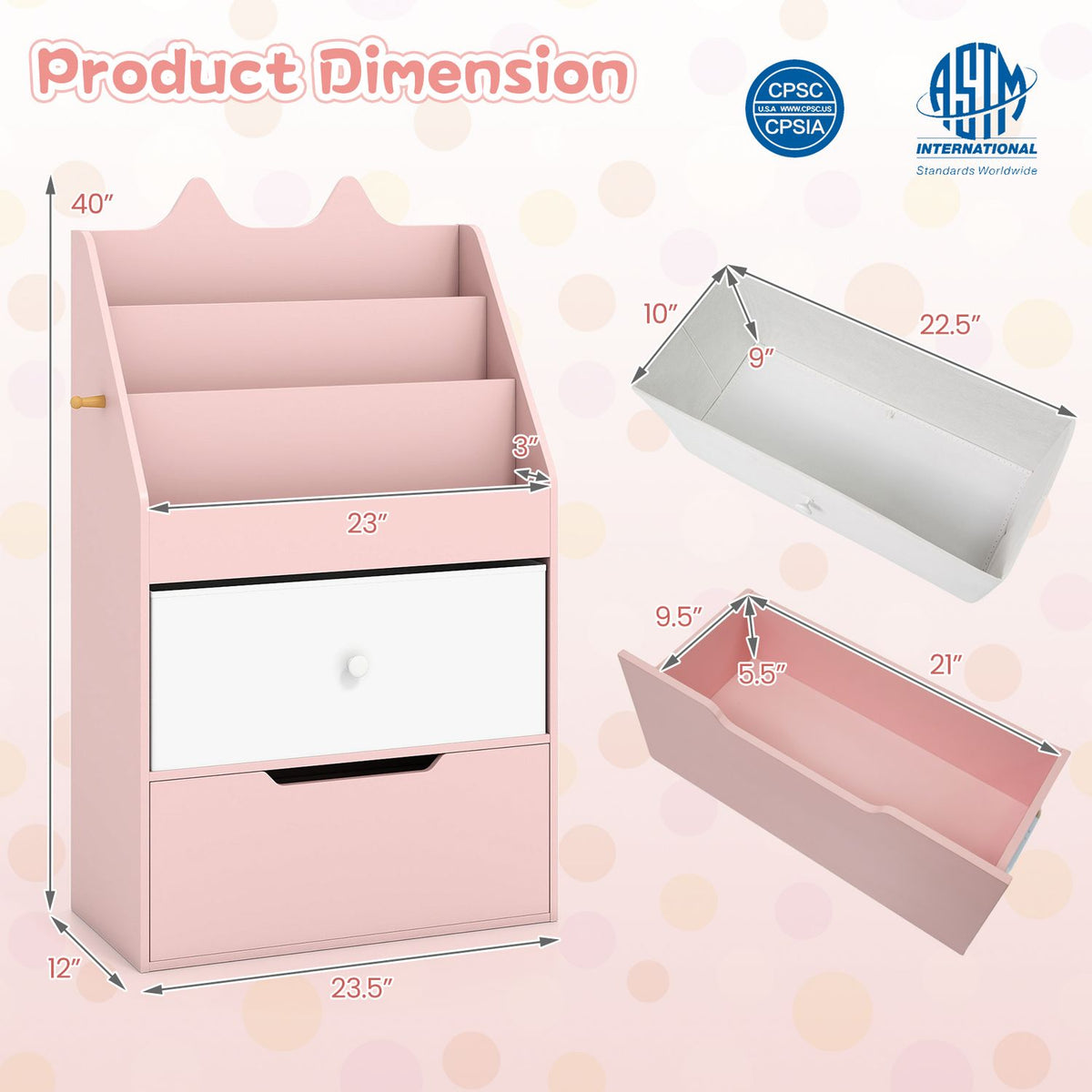 Diagram showing the pink organizer and two storage bins with measurement arrows.