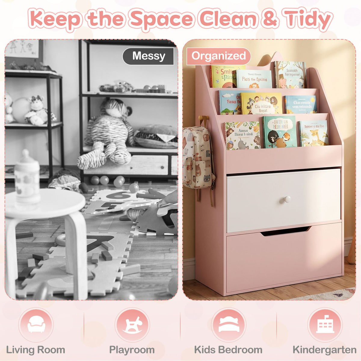 A pink children’s organizer with books and drawers beside a cluttered playroom shelf for comparison.