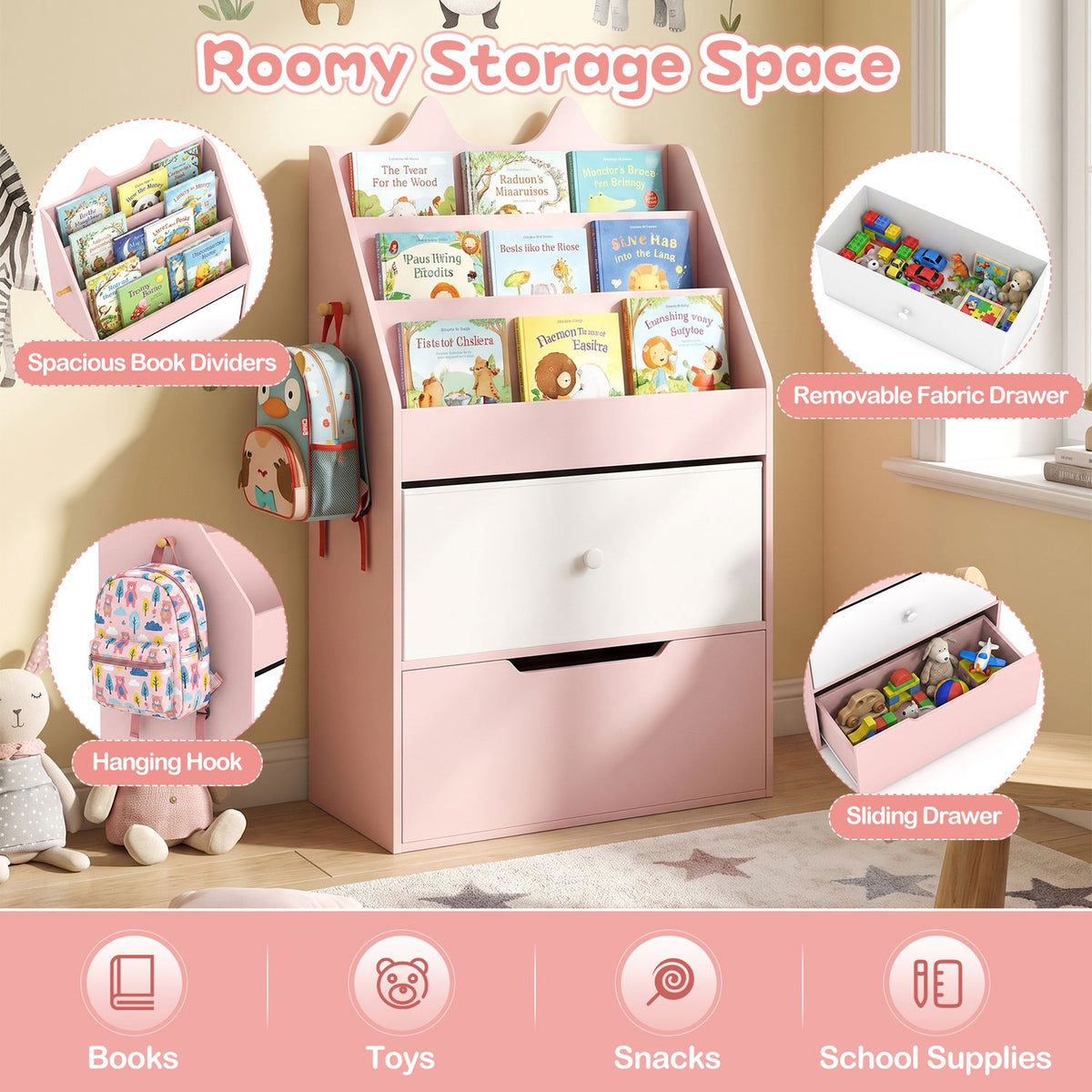 A pink children’s organizer filled with books, with a fabric drawer, lower sliding drawer, and side hook shown in insets.