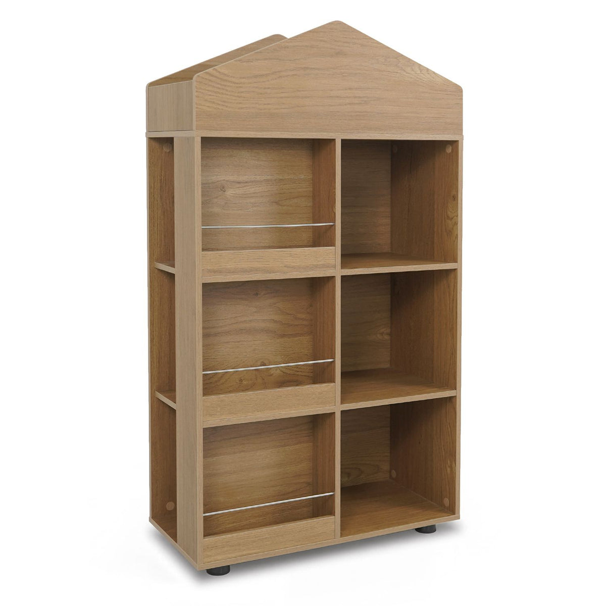 Empty wooden house-shaped bookshelf with open cubbies, front book rails and side shelves.