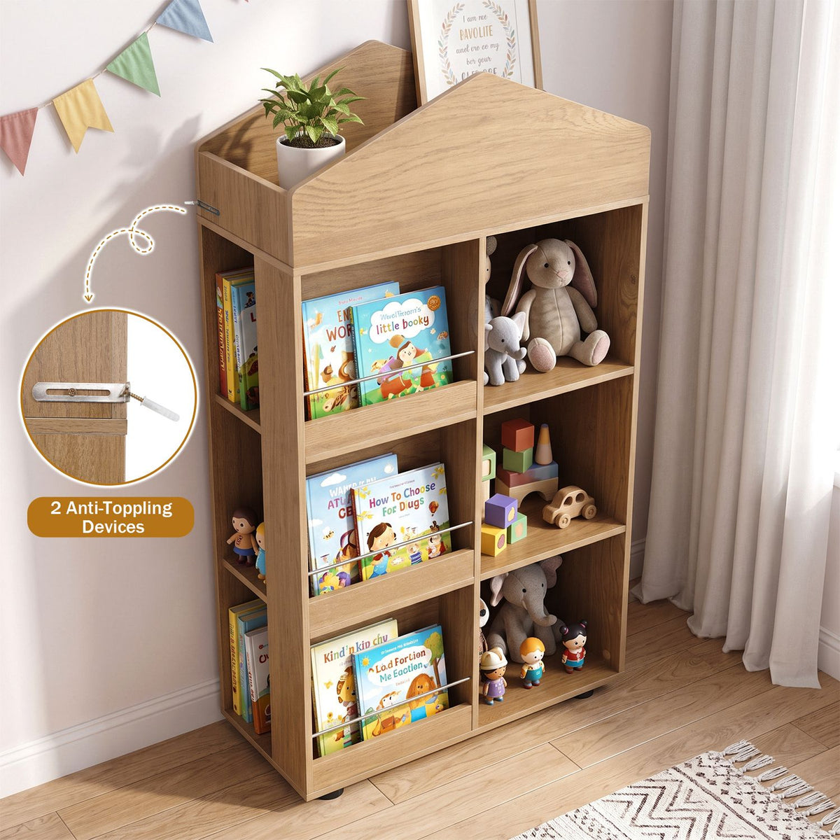 House-shaped wooden bookshelf filled with children’s books, plush toys, and blocks beside a window.