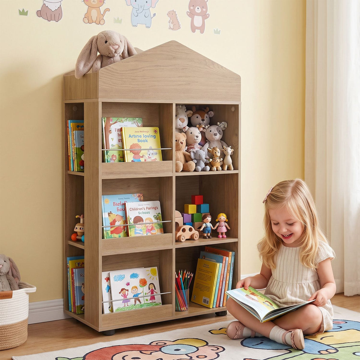 Girl reading beside a filled house-shaped bookshelf with books, toys and stuffed animals.