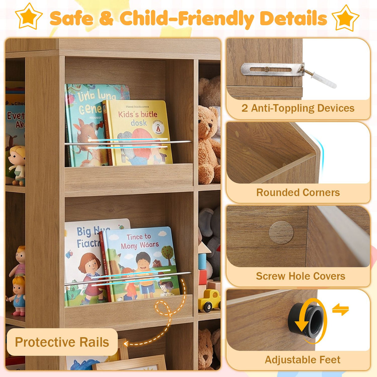 Close-up views show bookshelf rails, a rounded corner, a covered screw hole, adjustable feet, and a wall strap.