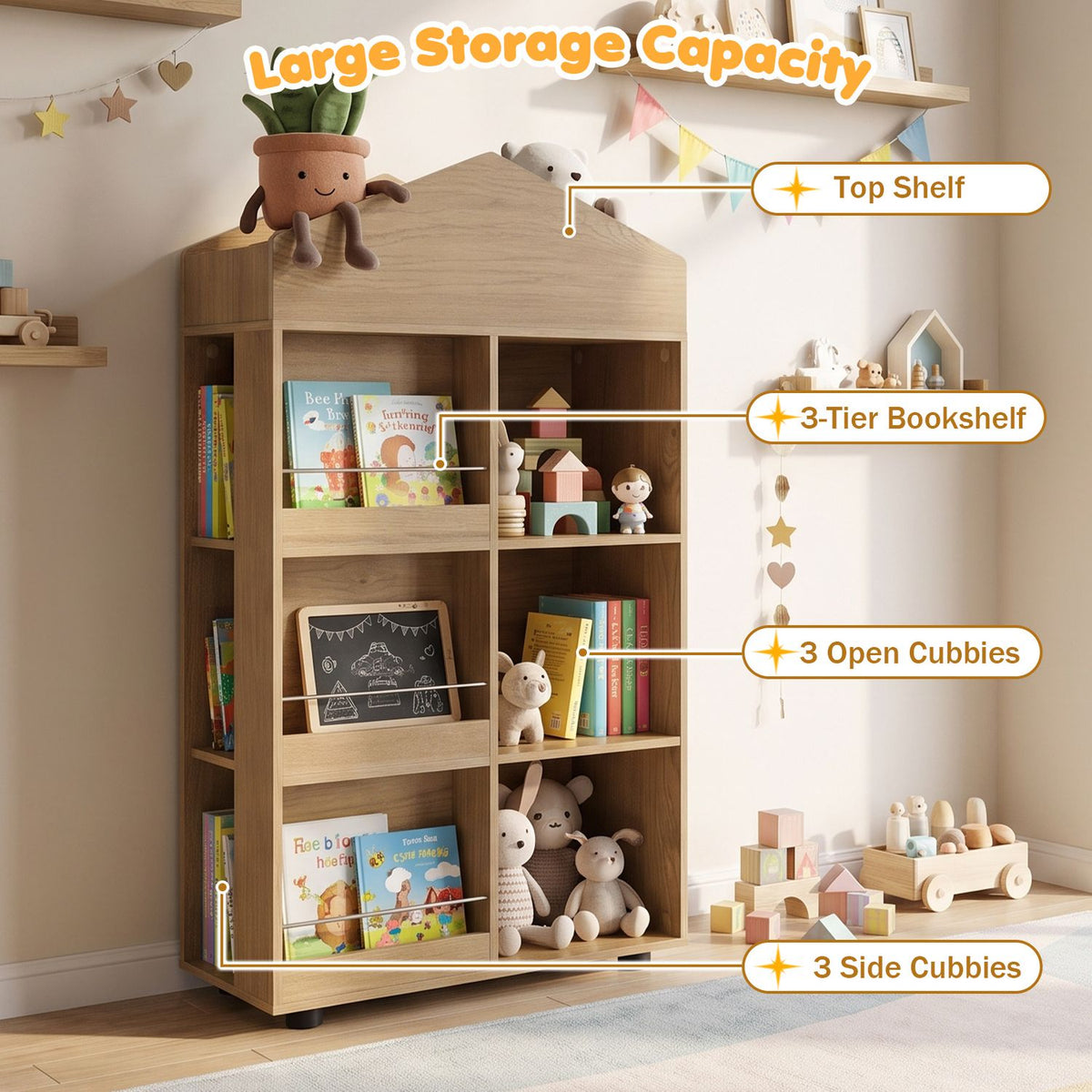 House-shaped bookshelf displayed with books and toys, with callouts pointing to its top and side storage areas.