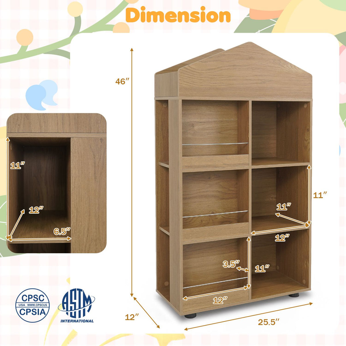 Wood-grain house-shaped bookshelf shown with dimension arrows and a close-up of one cubby.
