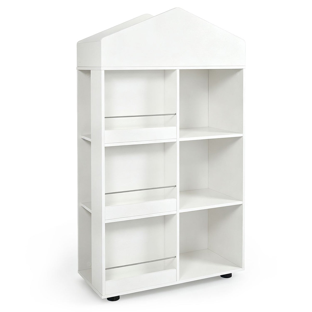 An empty white house-shaped bookshelf with three slanted-front book compartments and three open shelves.