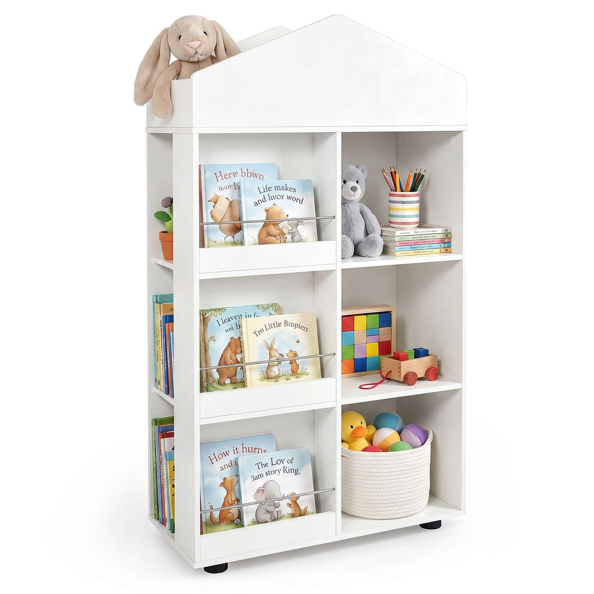 A white house-shaped bookshelf displayed with books, toys, a stuffed rabbit, art supplies, and a woven basket.